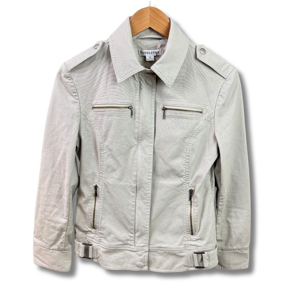 Pendleton Utility Jacket Beige Womens Sz 6 Cotton Blend Military Epaulettes Zip
